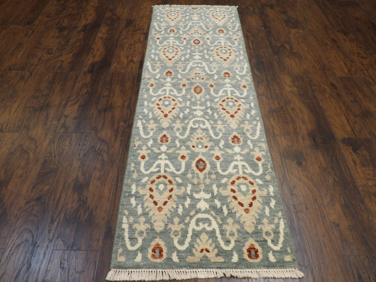 Close-up of wool pile, blue and beige runner