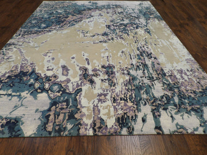 Close-up of wool-silk pile, Beige & Teal rug