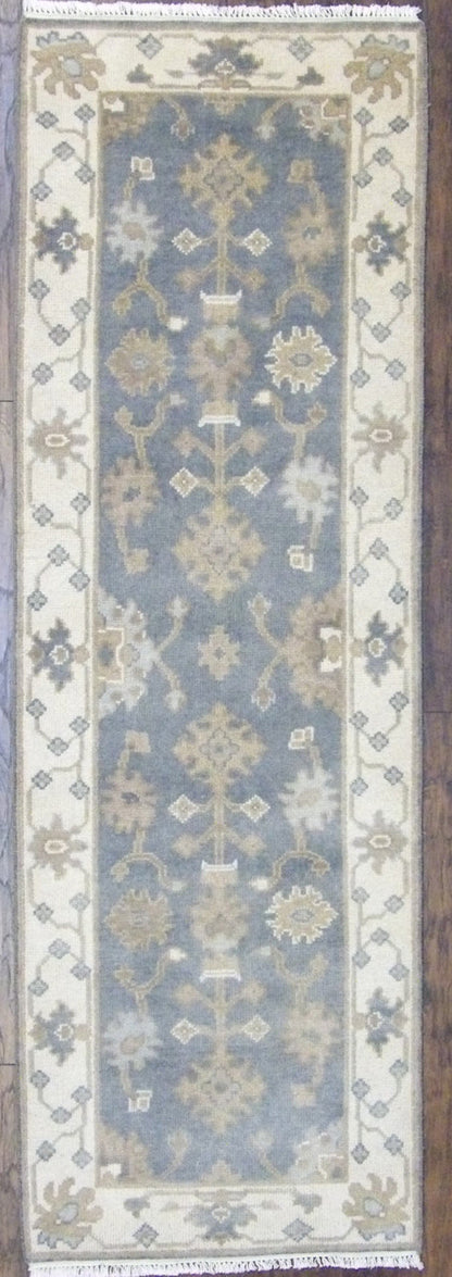 Turkish Oushak natural dye hand-knotted wool runner in beige and gray, full view