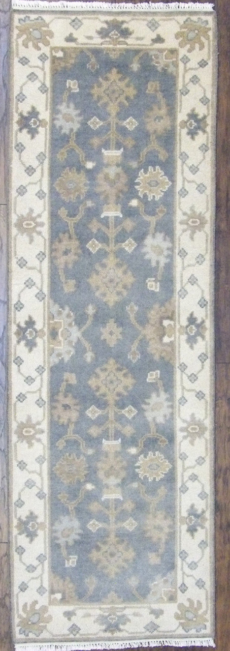 Turkish Oushak natural dye hand-knotted wool runner in beige and gray, full view