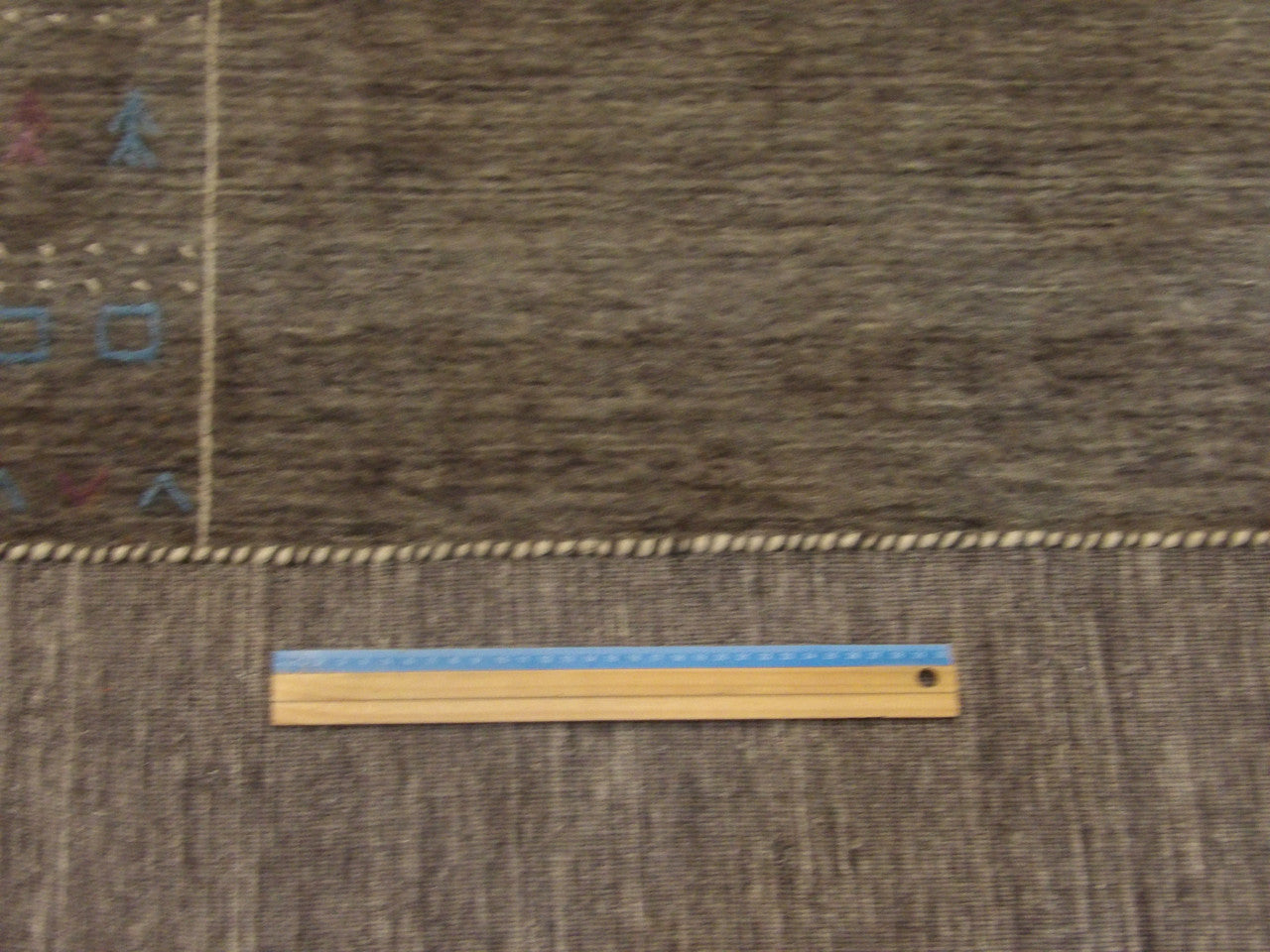 Gray & Blue Tribal Modern Gabbeh Natural Dye KHUS rug in room setting