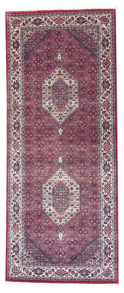 Fine Persian Bidjar hand-knotted wool runner in red and beige, full view