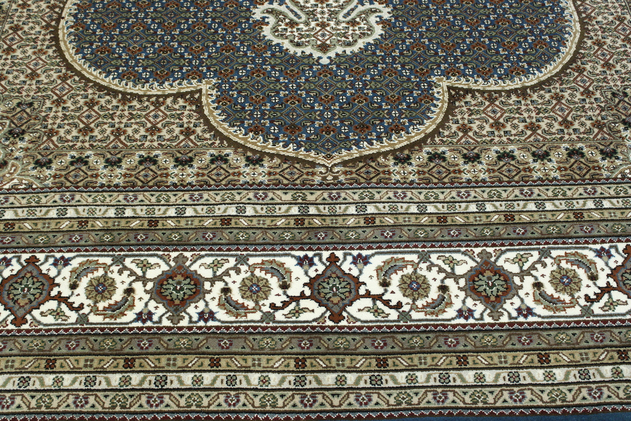 Blue & Beige Traditional Fine Qum rug in room setting