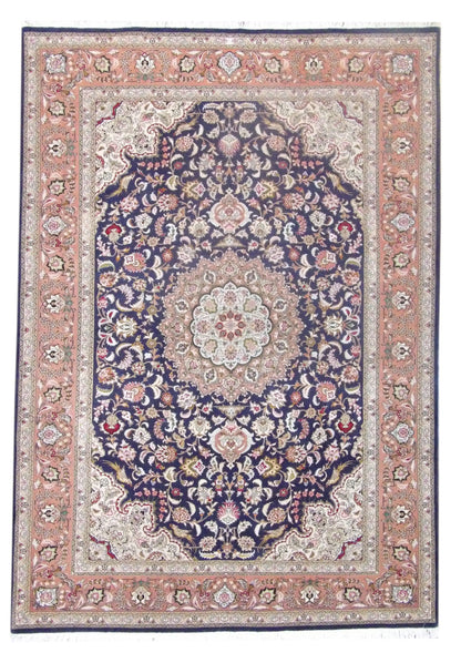 Fine Persian Qum hand-knotted wool-silk rug in blue and pink, full view