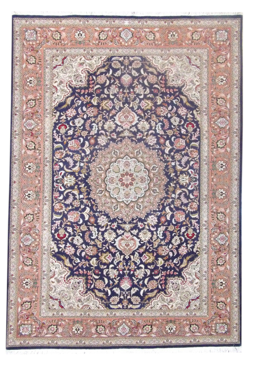 Fine Persian Qum hand-knotted wool-silk rug in blue and pink, full view