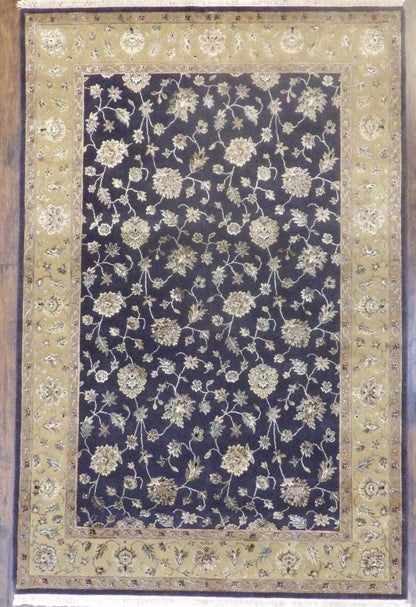 Fine transitional Jaipur floral hand-knotted wool-silk rug in gold and purple, full view
