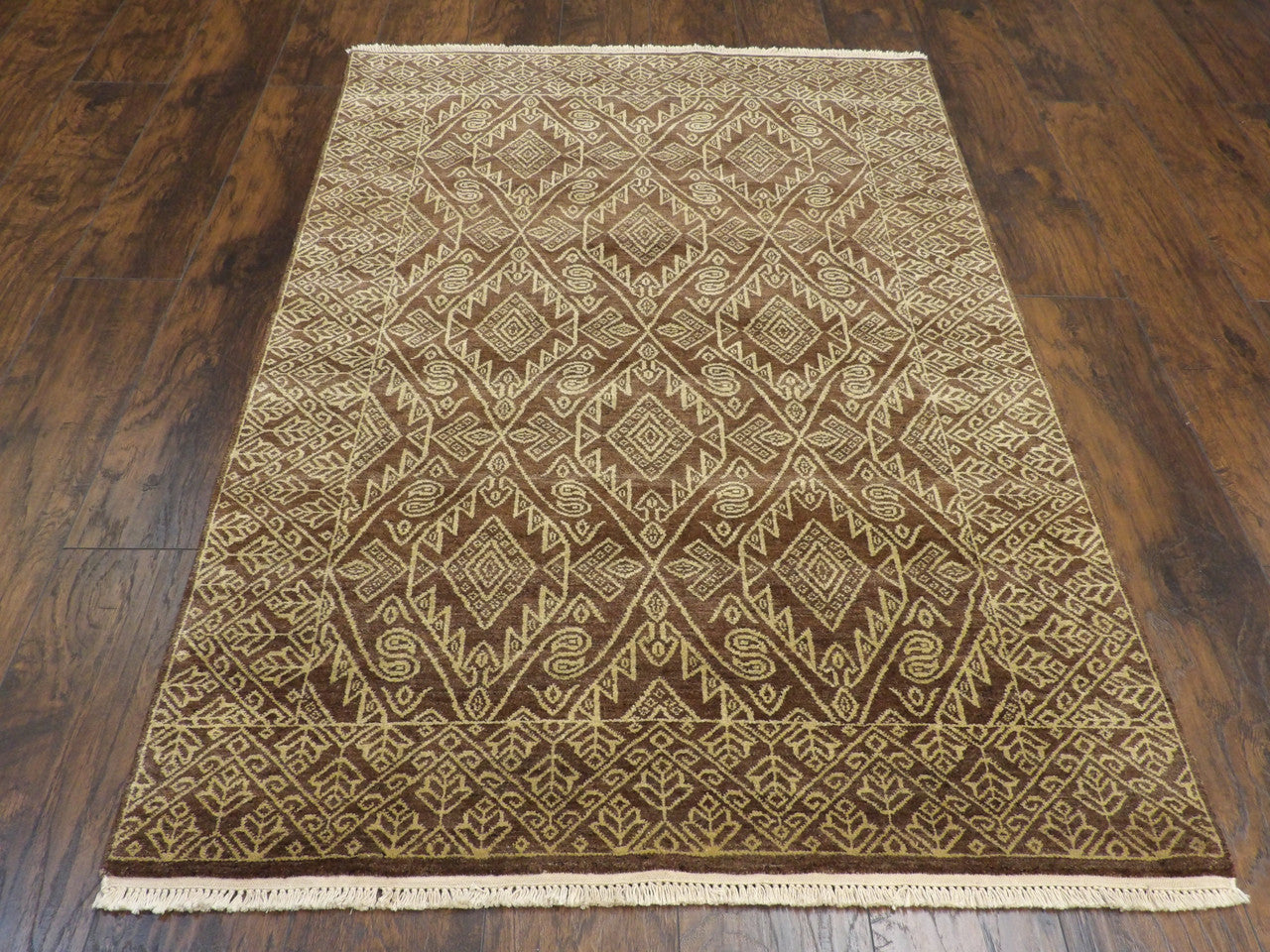 Close-up of natural dye wool pile, Ikat rug