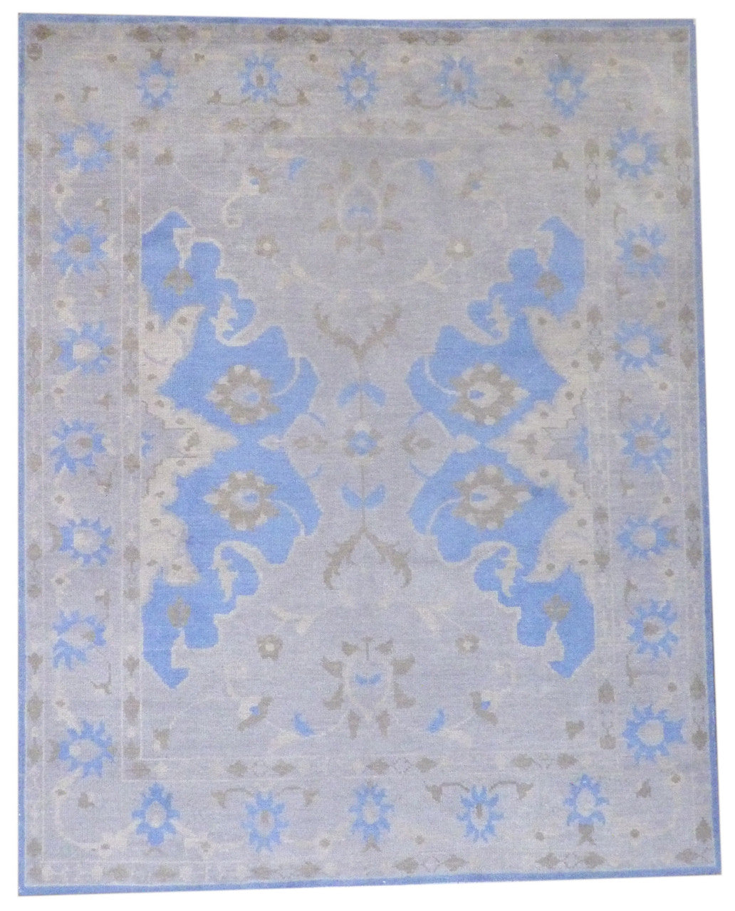 Oushak vintage overdye hand-knotted wool rug in blue and gray, full view