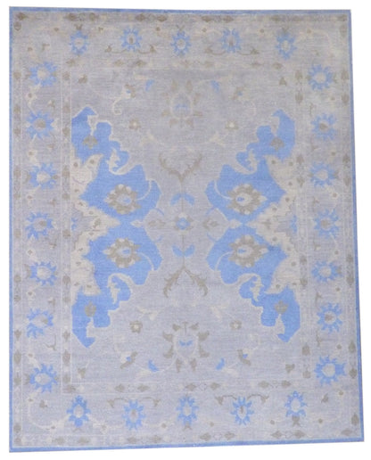 Oushak vintage overdye hand-knotted wool rug in blue and gray, full view