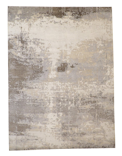 Modern Abstract Broken Design hand-knotted wool-silk rug in Gray & Silver, full view