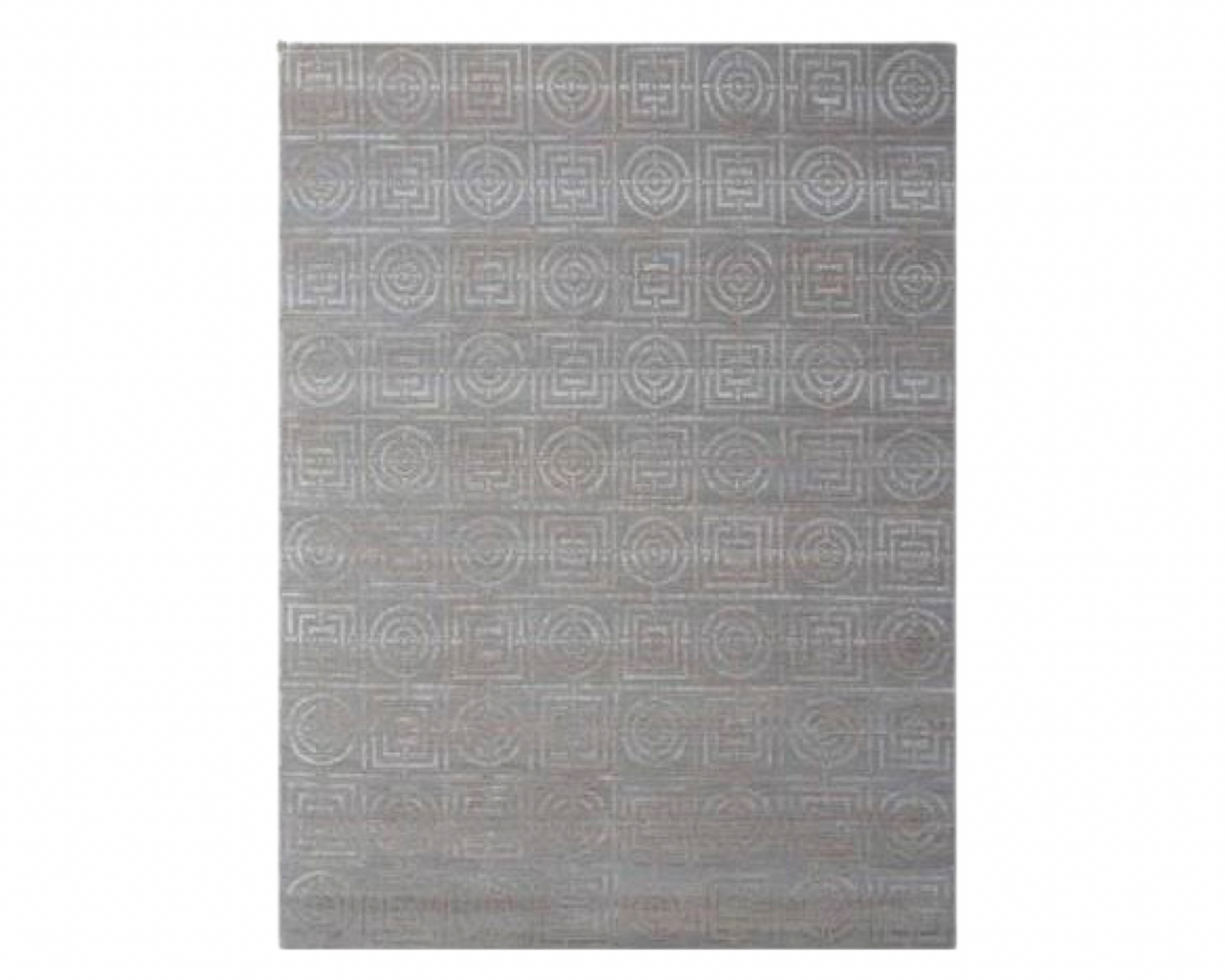 Modern Circle Design hand-knotted wool-silk rug in Blue & Gold, full view