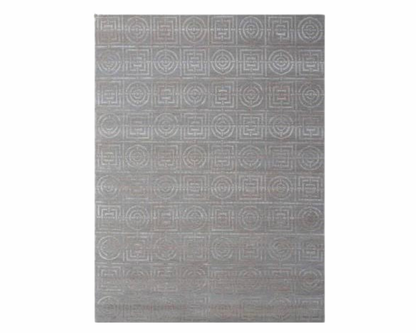 Modern Circle Design hand-knotted wool-silk rug in Blue & Gold, full view
