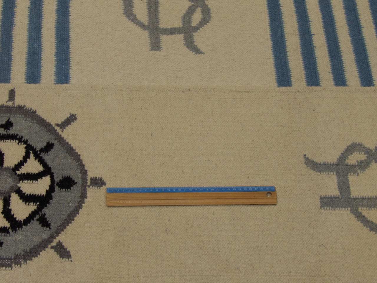 Blue & White Coastal Flat Weave Indoor/Outdoor Beach rug in room setting