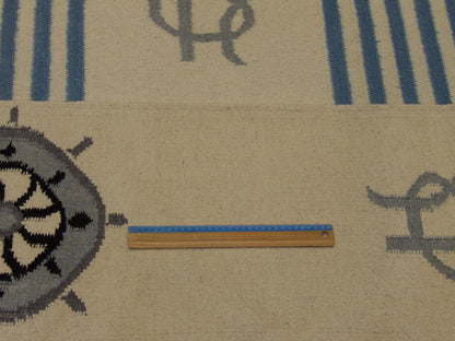 Blue & White Coastal Flat Weave Indoor/Outdoor Beach rug in room setting