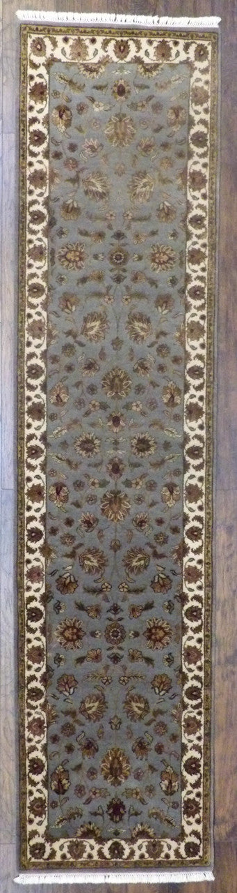 Jaipur Kashan hand-knotted wool-silk runner in beige and blue, full view
