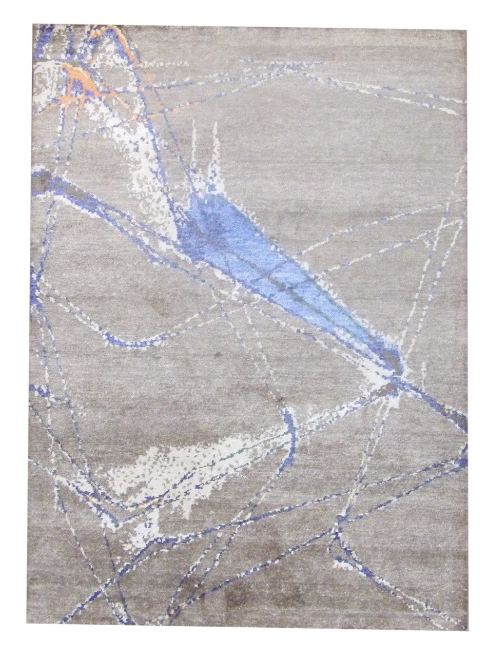 Tibetan Silky Abstract Sci Fi Design hand-knotted wool-silk rug in Blue & Brown, full view