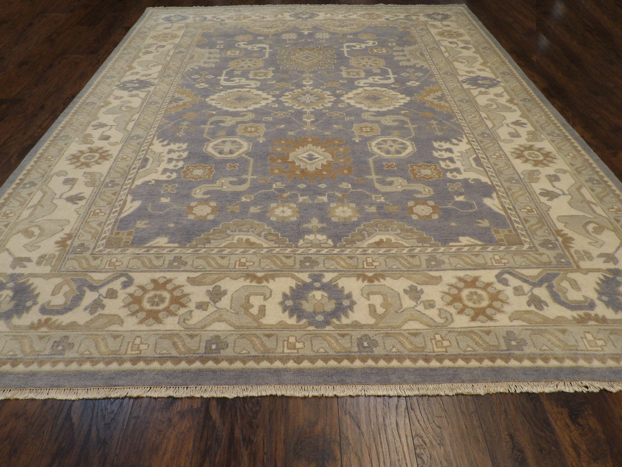 Oushak pattern detail, ivory and purple natural dye rug