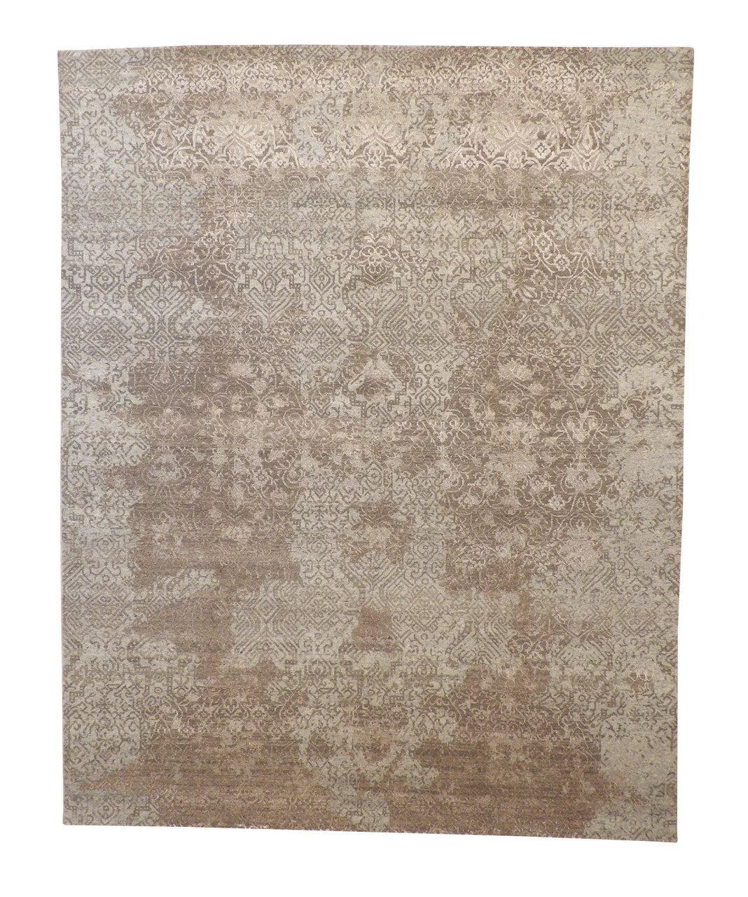 Transitional Abstract Broken Design hand-knotted wool-silk rug in Brown & Gray, full view