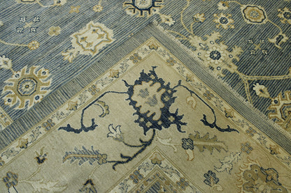 Blue & Beige Oushak Chobi rug in room setting