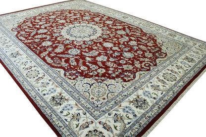 Close-up of wool-silk pile, Beige & Red rug