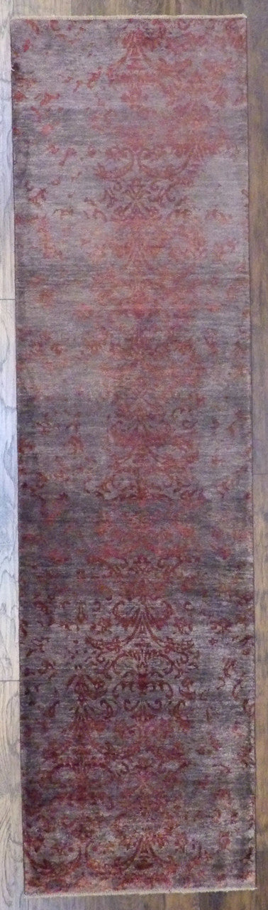 Red 2'6" x 10'0" Modern Silky Damask Hand knotted Silk Rug - Sku: w582