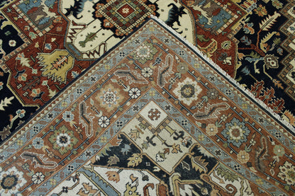 Traditional Fine Sherapi hand-knotted wool rug in Blue & Rust, full view