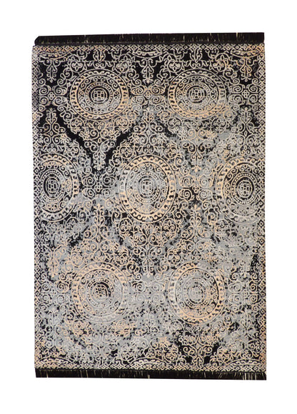 Transitional Broken Design hand-knotted wool-silk rug in Black & Gray, full view