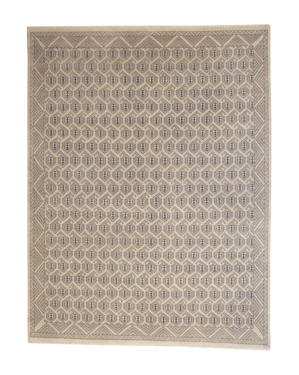 Oushak Silverwash Paisley Design hand-knotted wool rug in Gray & Beige, full view