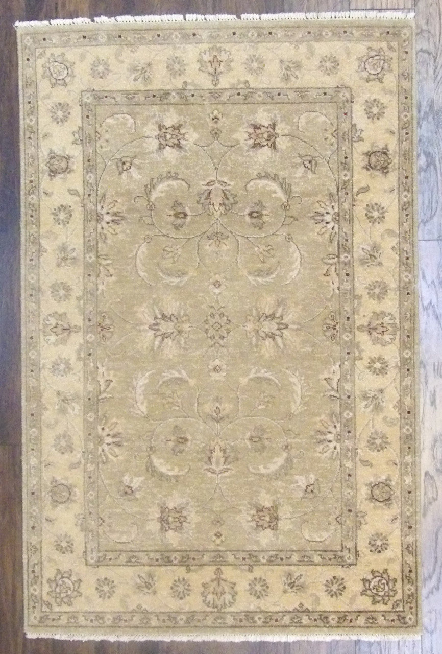 Indo Chobi Natural Dye hand-knotted wool rug in Gold & Green, full view