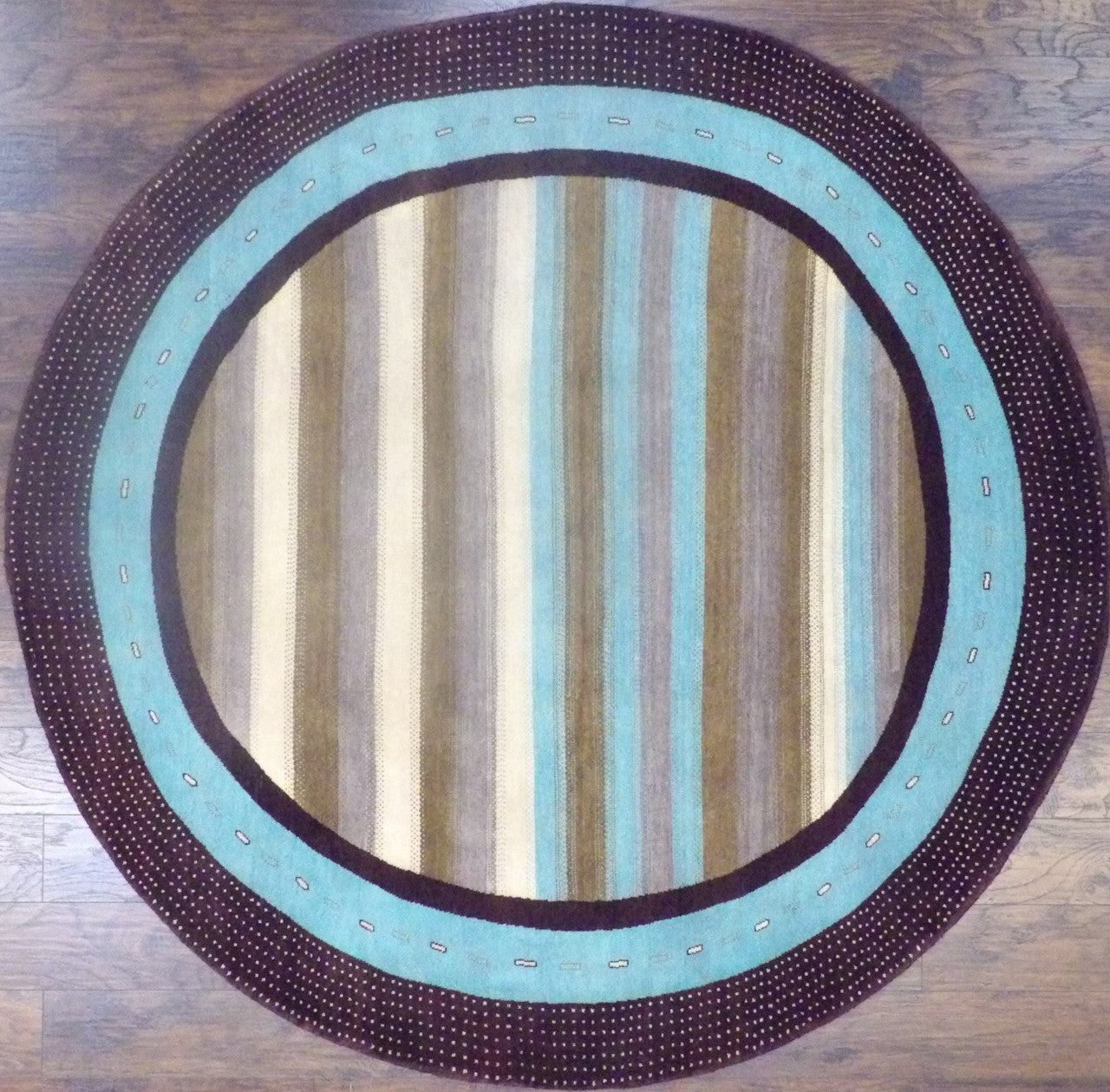 Modern Persian Gabbeh hand-knotted wool rug in Brown & Teal, full view