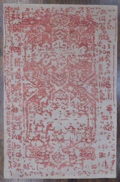 Modern Broken High Low hand-knotted wool-silk rug in Beige & Red, full view