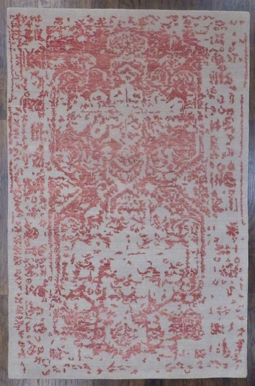 Modern Broken High Low hand-knotted wool-silk rug in Beige & Red, full view