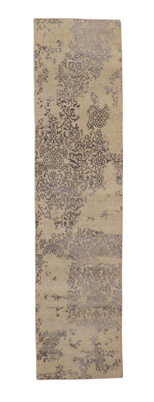 Modern Abstract Broken Design hand-knotted wool-silk rug in Beige, full view