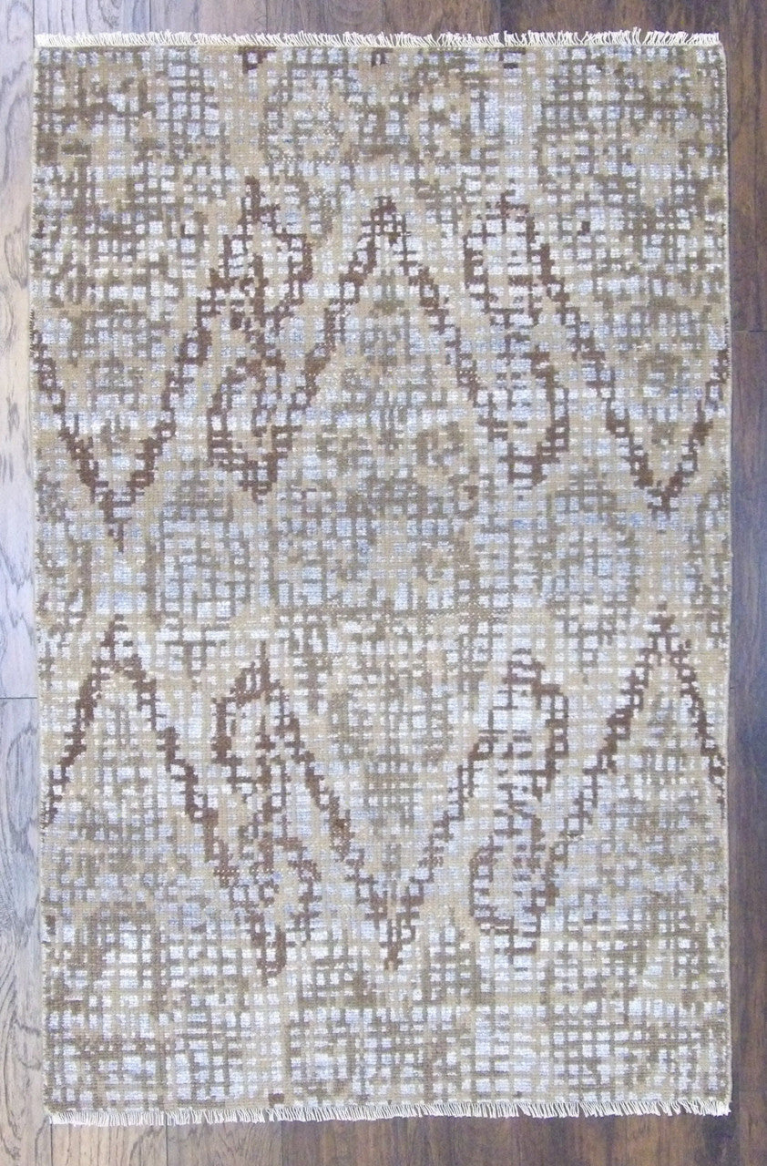Transitional Ikat Design Natural Dye hand-knotted wool-silk rug in Blue & Brown, full view
