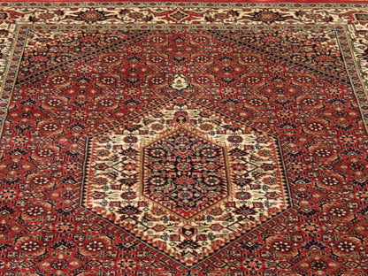 Wool texture close-up, red and beige Bidjar runner
