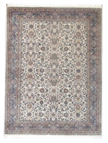 Fine Persian Kashan hand-knotted wool rug in blue and ivory, full view