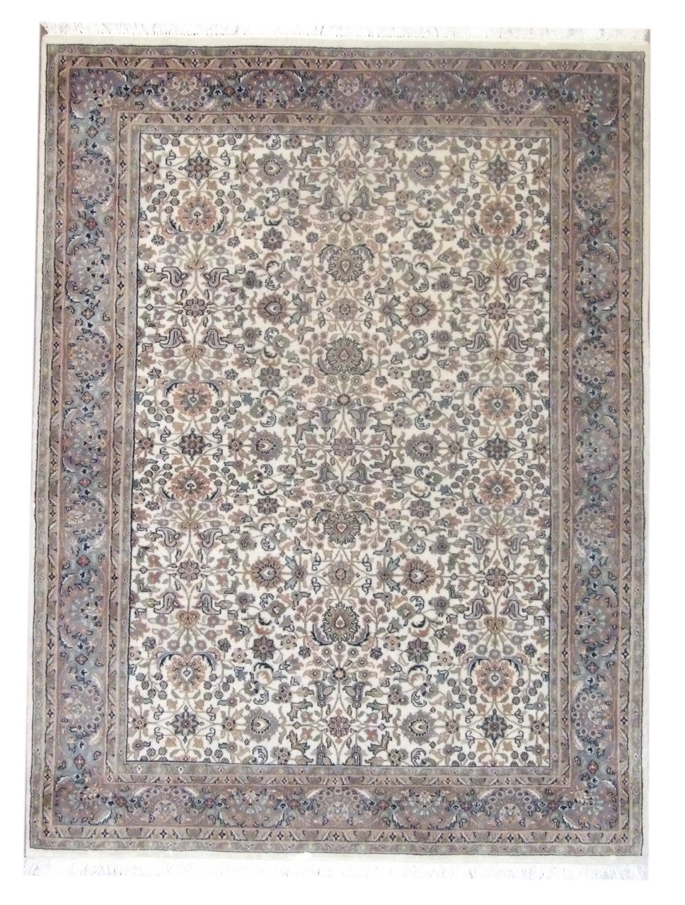Fine Persian Kashan hand-knotted wool rug in blue and ivory, full view