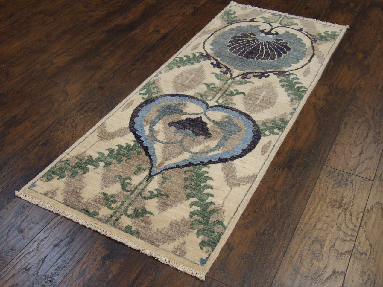 Close-up of wool pile, blue and ivory runner
