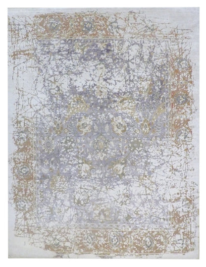 Transitional abstract vintage hand-knotted wool-silk rug in beige and purple, full view