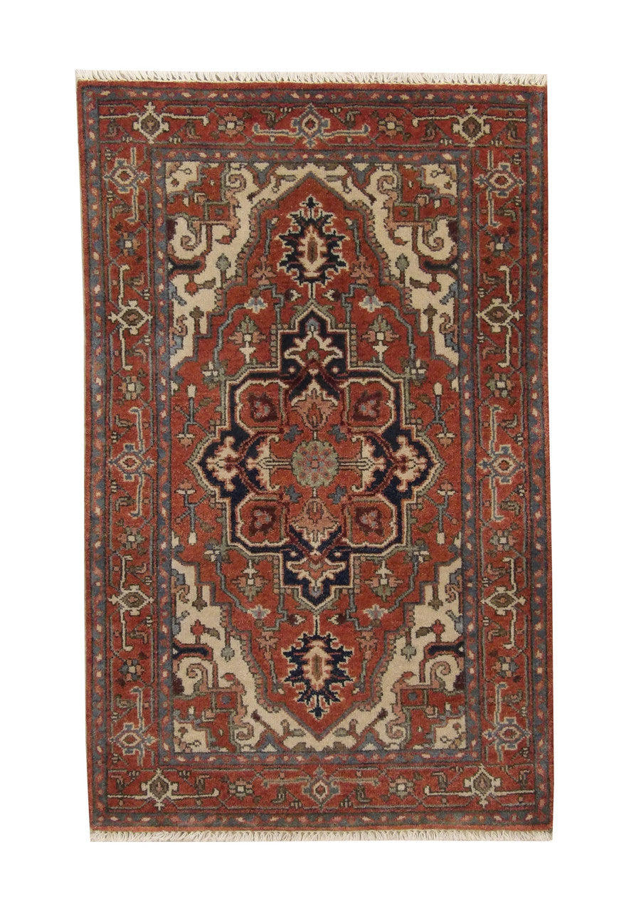 Tribal Heriz hand-knotted wool rug in Rust, full view