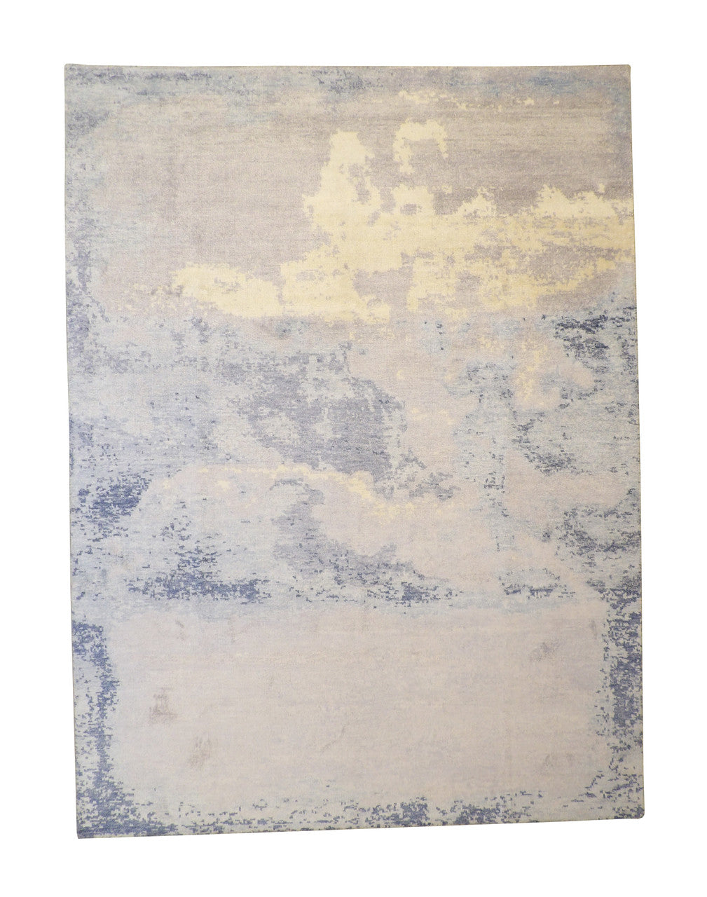 Modern Abstract Distress Design hand-knotted silk rug in Blue & White, full view