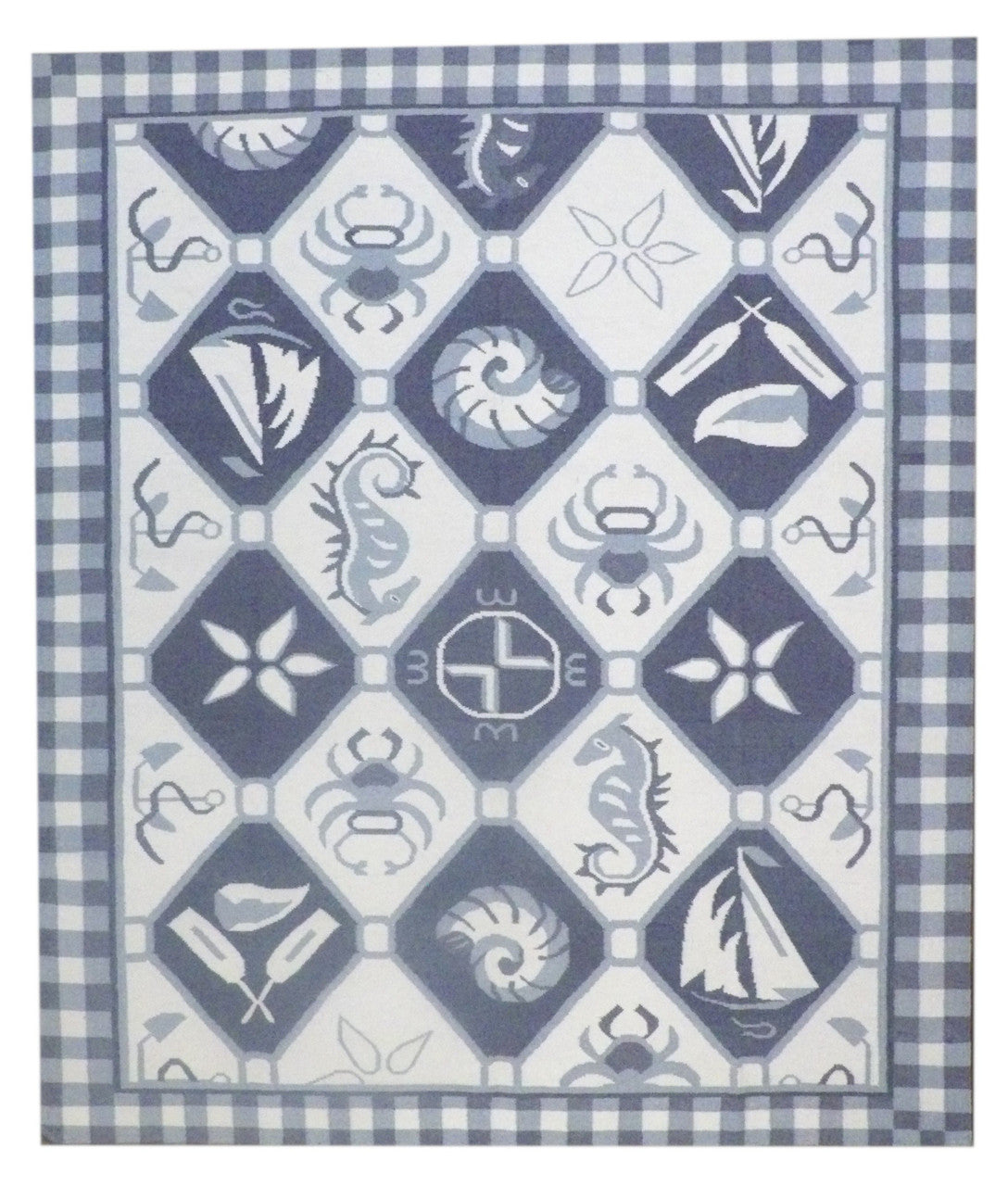 Coastal Flat Weave Indoor/Outdoor Beach hand-knotted wool rug in Blue & White, full view