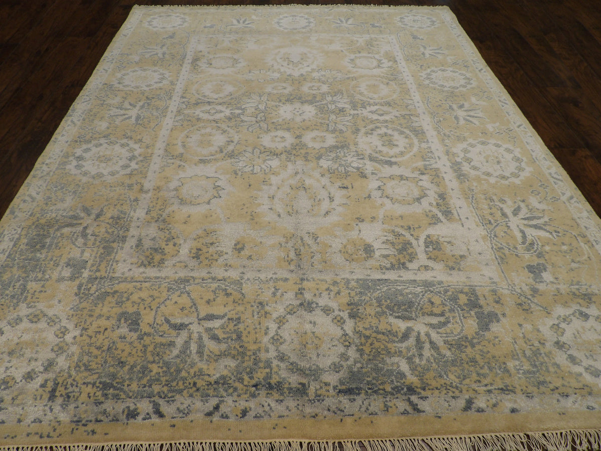 Close-up of wool-silk pile, Gold & Teal rug
