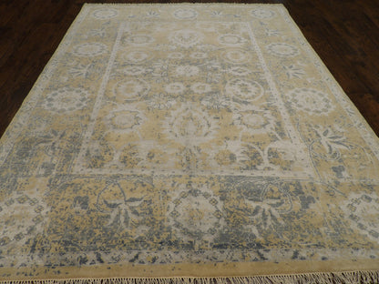 Close-up of wool-silk pile, Gold & Teal rug