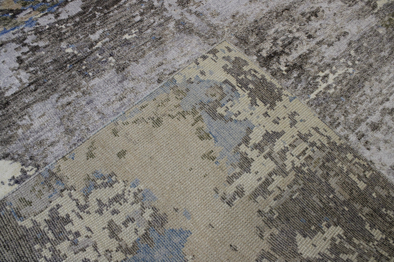 Modern Abstract Distress Design hand-knotted wool-silk rug in Blue & Multi-Color, full view