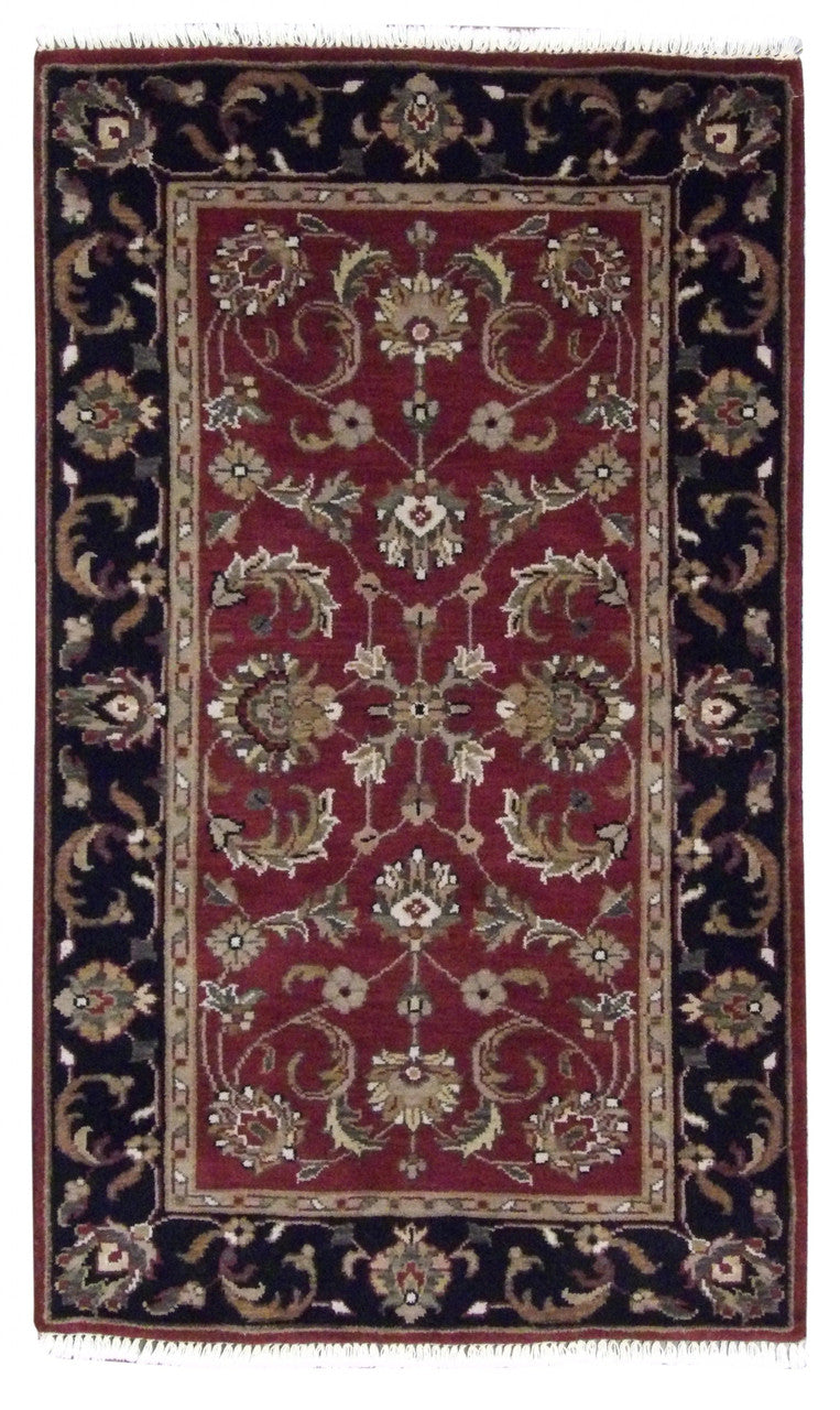 Kashan Jaipur hand-knotted wool rug in Black & Red, full view