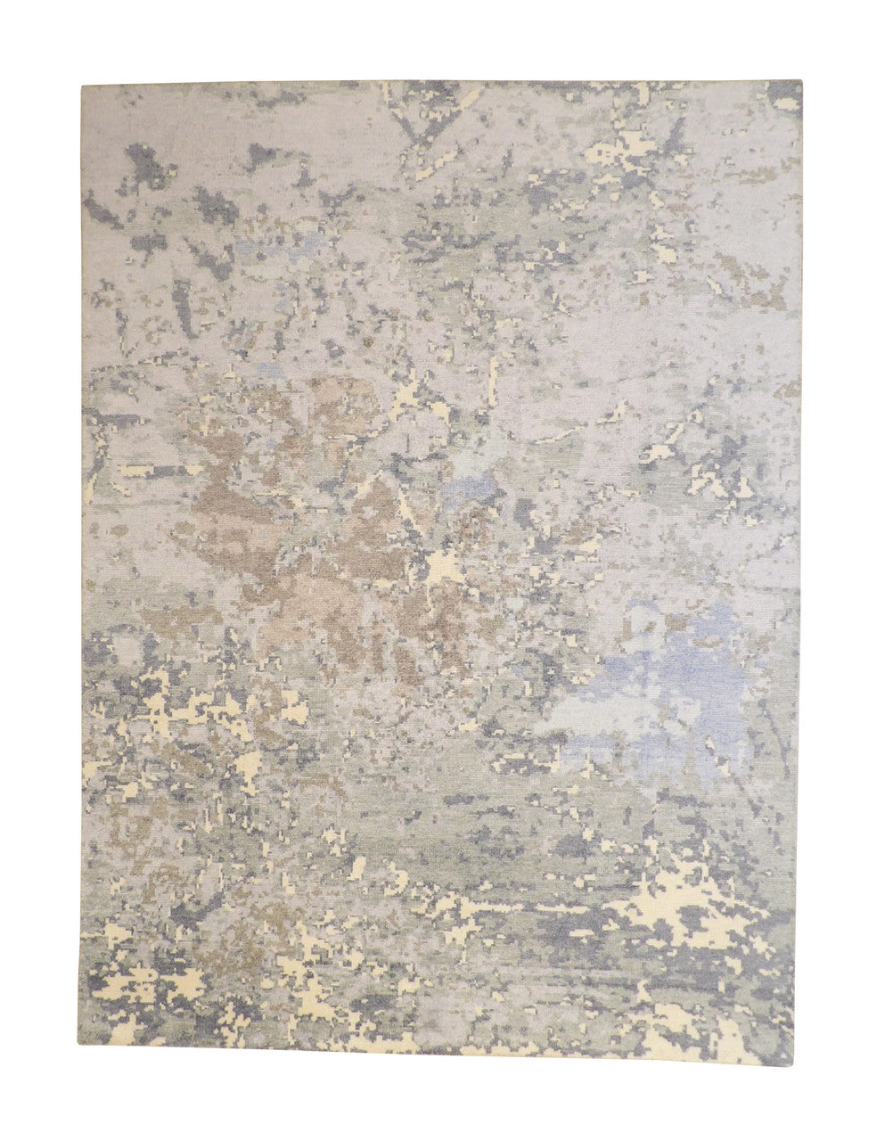 Modern Abstract Distress Design hand-knotted silk rug in Blue & Gray, full view
