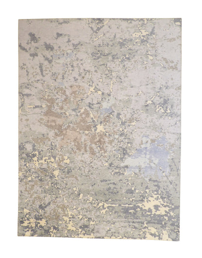 Modern Abstract Distress Design hand-knotted silk rug in Blue & Gray, full view