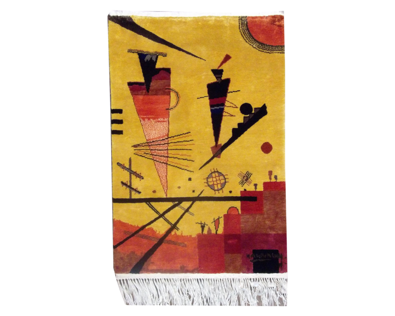 Colorful Picasso Art Hanging hand-knotted silk rug in Black & Red, full view