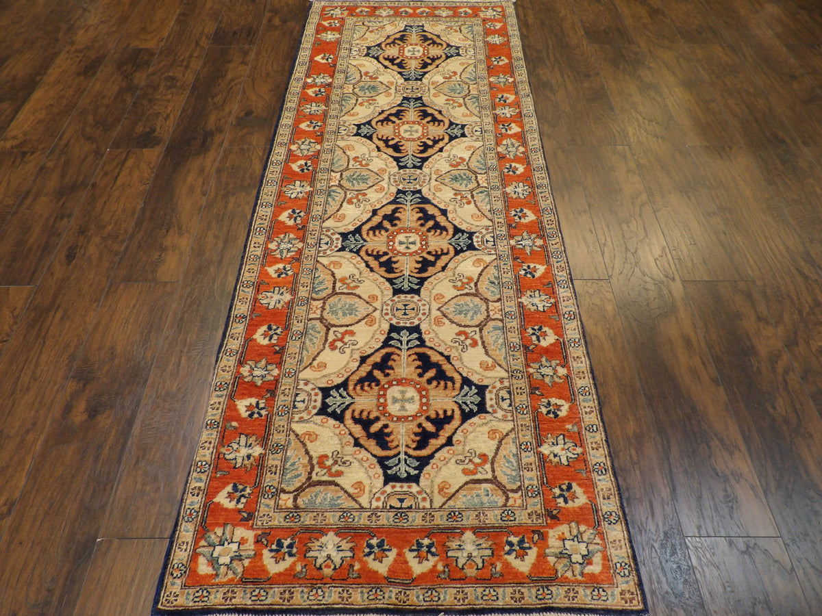 Back of hand-knotted Super Kazak runner showing construction